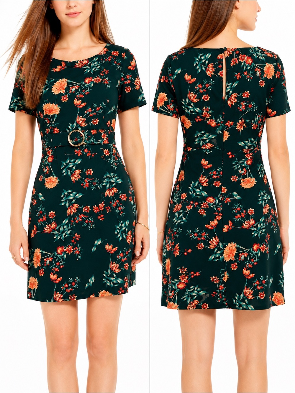 B Darlin NWT Floral A-Line Dress Size 5/6 Dark Teal Belted Waist, juniors
